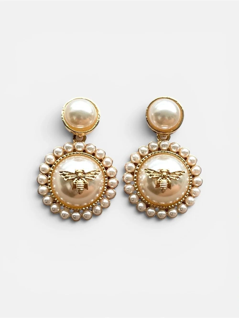 Gold Tone Pearl Bee Drop Earrings